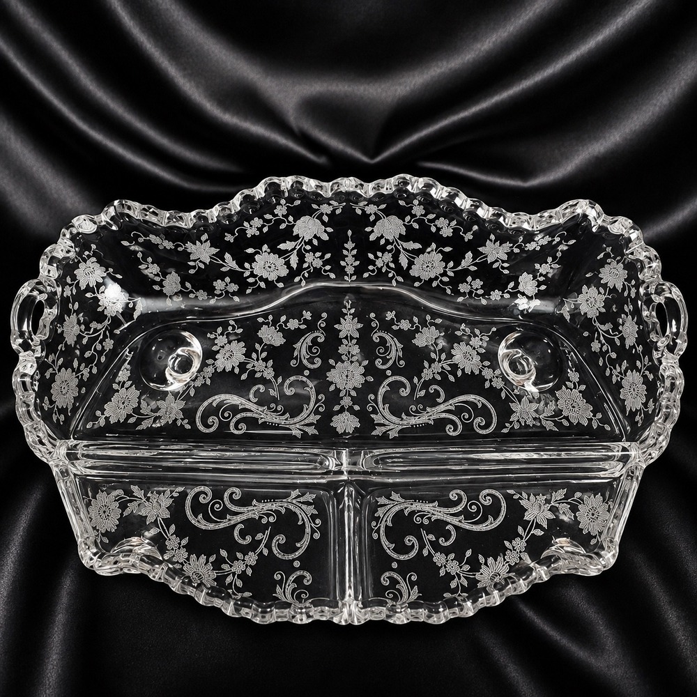 Cambridge Diane Etched Crystal 3 Part Relish Dish 4 Footed 12.5" Tray 3900/126
